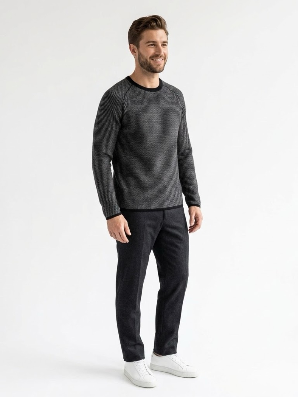 VINCE 100% Cashmere Striped Raglan Knit Sweater Small Black Grey